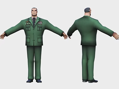 Game Character In Green Military Uniform With Badges Front And Back Views Arms Outstretched 3d model