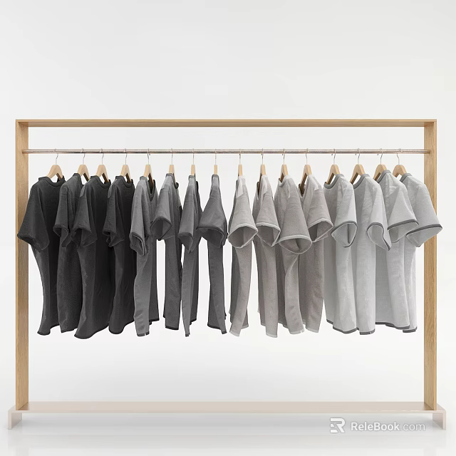 Row of Gray T-shirts Hanging On Wooden Hangers With Gradient Color From Dark To Light 3d model 