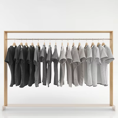 Row of Gray T-shirts Hanging On Wooden Hangers With Gradient Color From Dark To Light 3d model