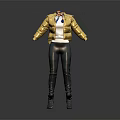 Stylish Metallic Gold Puffer Jacket With Scarf Black Leggings And Boots Outfit