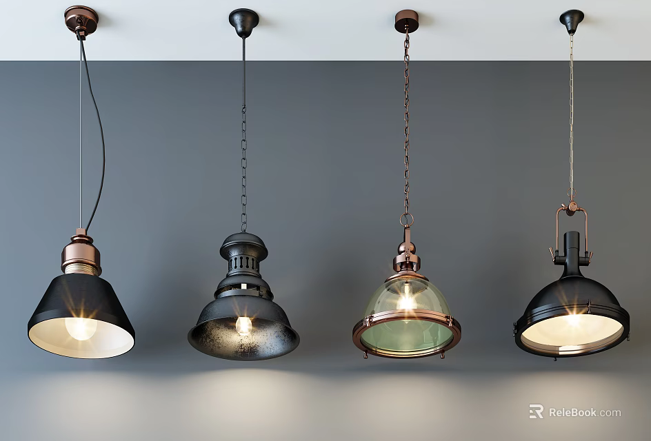 Industrial Multiple Pendant Lights With Copper Black Metal And Glass Shades In Interior Design 3d model 