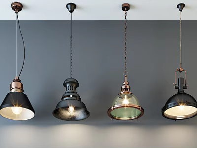 Industrial Multiple Pendant Lights With Copper Black Metal And Glass Shades In Interior Design 3d model