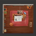 Cartoon Room Scene with Bunny at Desk Paper Globe Cabinet and Red Rug