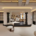 Modern Café Interior With Chandelier White Curtains Large Windows Sofa And Rug