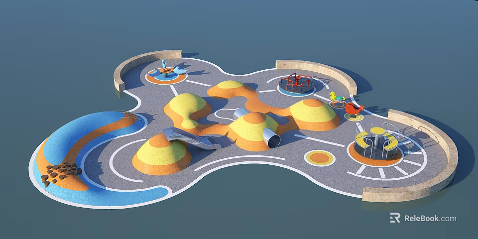 Colorful Playground Equipment With Yellow Orange Mounds Blue Water Channels And Slides 3d model 