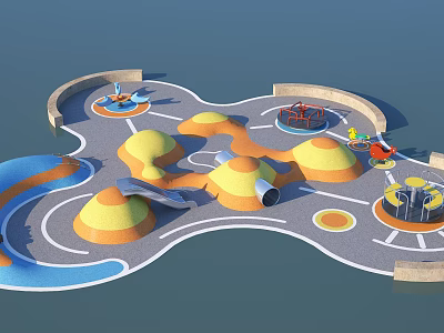 Colorful Playground Equipment With Yellow Orange Mounds Blue Water Channels And Slides 3d model