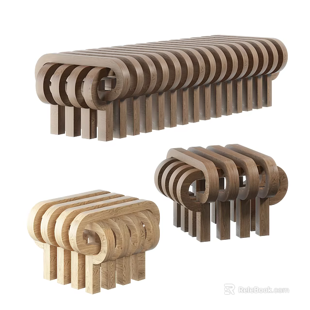 Wooden Stools With Modern Design Three Different Colors And Curved Structure 3d model 
