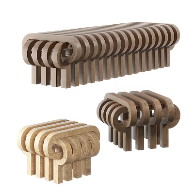Wooden Stools With Modern Design Three Different Colors And Curved Structure 3d model