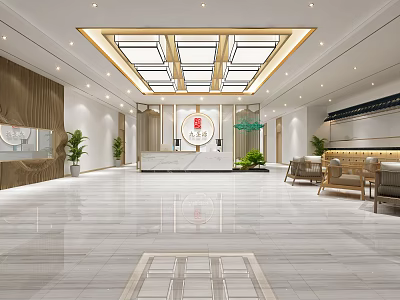 Modern Oriental Lobby Interior With Marble Floor Reception Desk And Green Plants 3d model