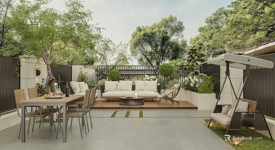 Serene Garden Outdoor Area With Sofa Dining Table Green Plants And Stone Floor 3d model 