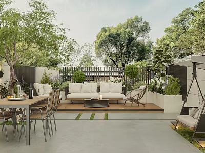 Serene Garden Outdoor Area With Sofa Dining Table Green Plants And Stone Floor 3d model