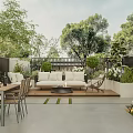 Serene Garden Outdoor Area With Sofa Dining Table Green Plants And Stone Floor