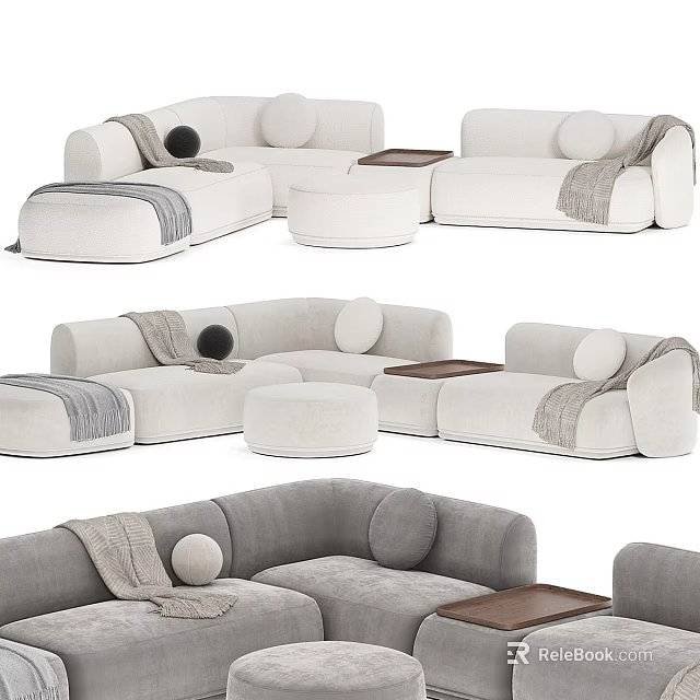 Modern Sectional Sofa With Round Cushions Ottoman And Throw Blanket In Neutral Tones 3d model 