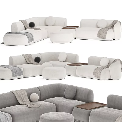 Modern Sectional Sofa With Round Cushions Ottoman And Throw Blanket In Neutral Tones 3d model