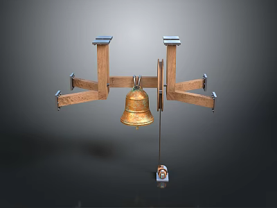 Wooden Frame Device With Hanging Brass Bell And Supporting Metal Arms 3d model