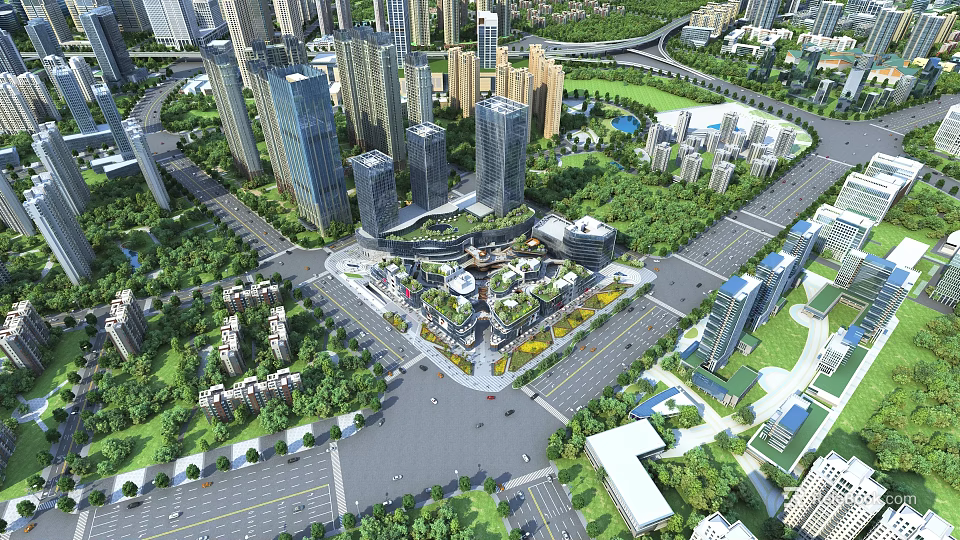 Birds Eye View Urban Planning With High Rise Buildings Green Spaces And Roads 3d model 