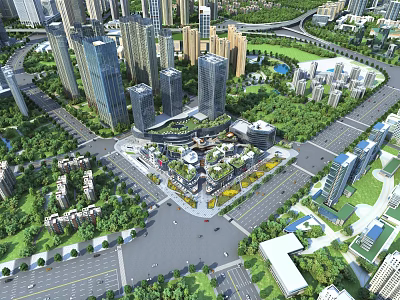 Birds Eye View Urban Planning With High Rise Buildings Green Spaces And Roads 3d model