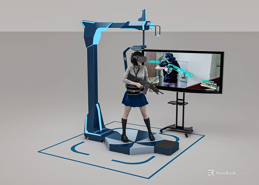 Blue VR Gaming Setup With Standing Platform And Large Screen 3d model 