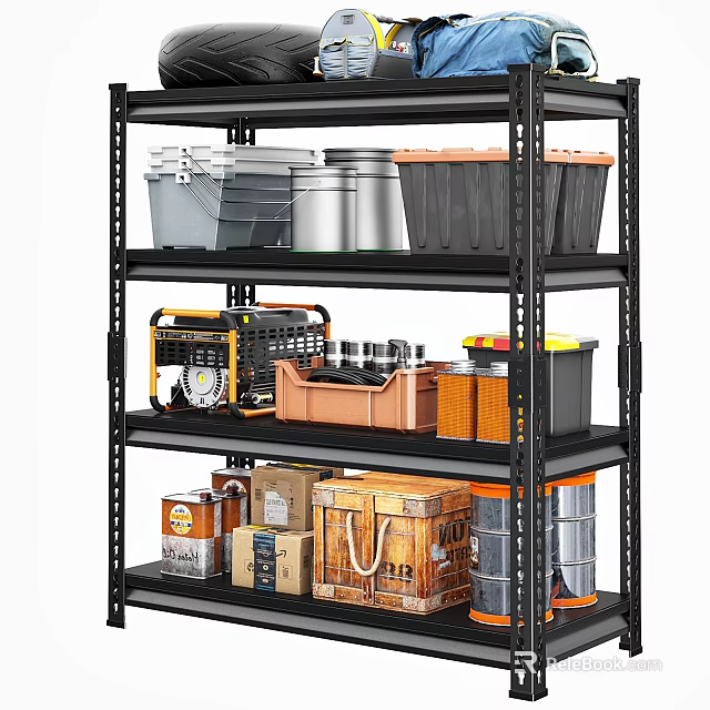 Black Metal Shelving Unit With Storage Bins Tools And Containers On Multiple Shelves 3d model 