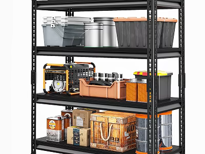 Black Metal Shelving Unit With Storage Bins Tools And Containers On Multiple Shelves 3d model