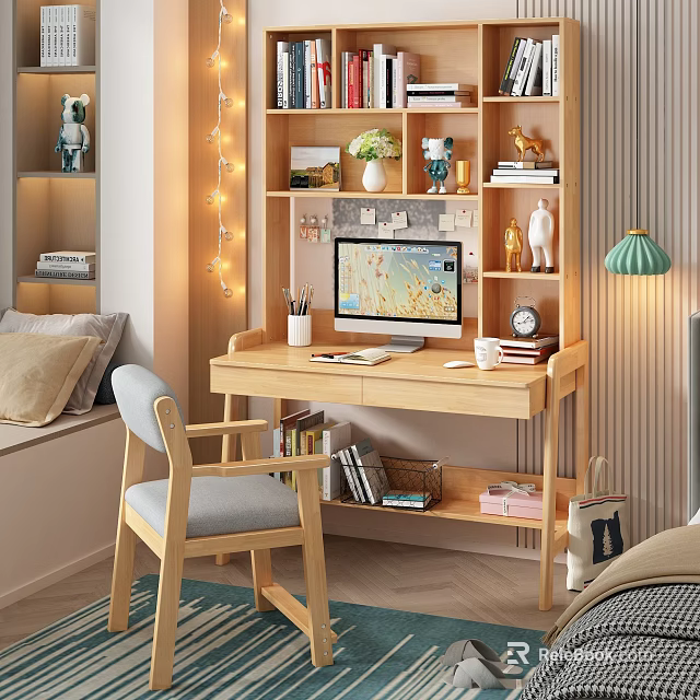 Cozy Wooden Study Desk With Computer Monitor Pencil Holder Clock And Bookshelf Featuring Books Green Plant Decorations String Lights 3d model 