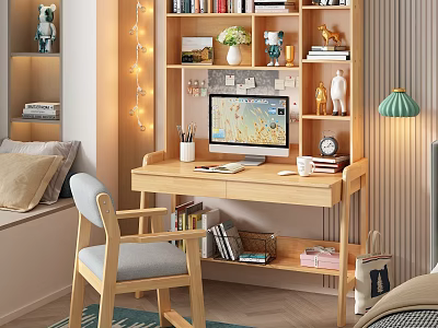 Cozy Wooden Study Desk With Computer Monitor Pencil Holder Clock And Bookshelf Featuring Books Green Plant Decorations String Lights 3d model