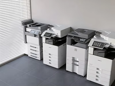 Modern Office Appliances Multifunctional Printers Copiers In Office Corner With Window Blinds 3d model