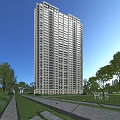 High Rise Modern Residential Building Surrounded By Green Trees And Blue Sky