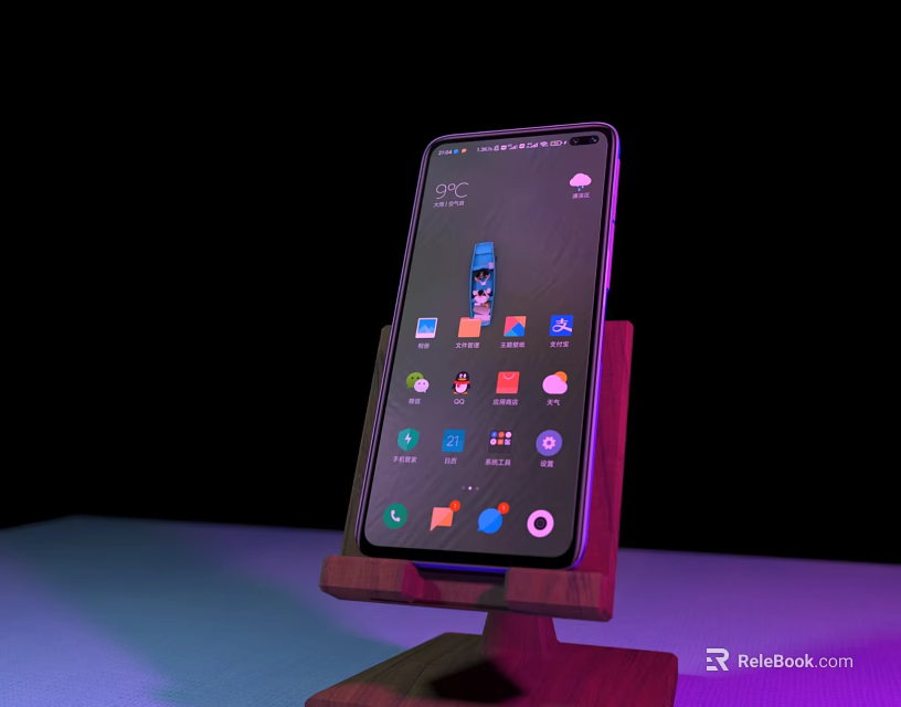 Smartphone on Wooden Stand with Screen Displaying App Icons Dark Background Purple Blue Lighting 3d model 