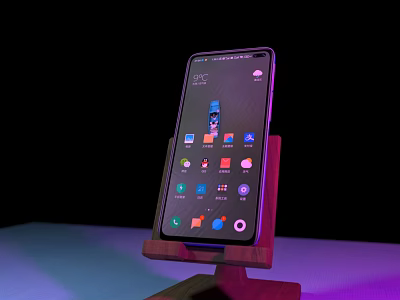 Smartphone on Wooden Stand with Screen Displaying App Icons Dark Background Purple Blue Lighting 3d model