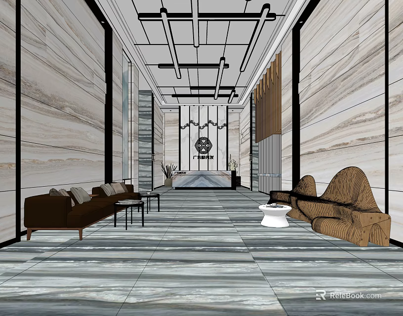 Elegant Hotel Lobby Interior With Marble Walls Modern Ceiling Reception Desk And Sofas 3d model 