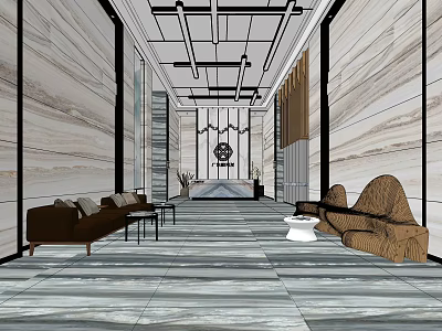 Elegant Hotel Lobby Interior With Marble Walls Modern Ceiling Reception Desk And Sofas 3d model