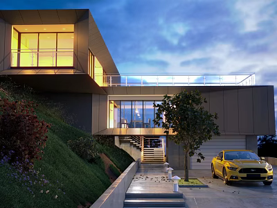 Modern Detached Villa Illuminated With Large Glass Windows Yellow Car On Driveway Greenery Steps 3d model