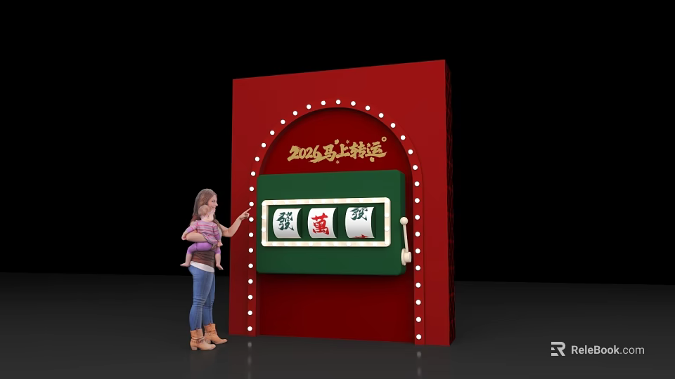 Red Photo Check In Spot Featuring Fortune Prosperity Slot Machine Design And Woman With Child 3d model 