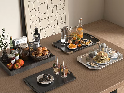 Delicious Food Arranged on Black Trays with Bread Fruits Drinks and Pastries on Wooden Table 3d model