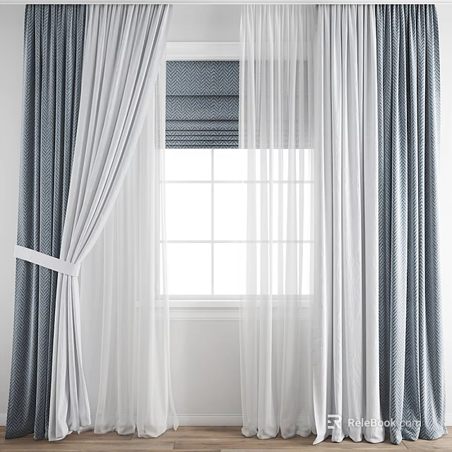 Gray Textured Curtains With White Sheer Layers And Window Roller Blind Design 3d model