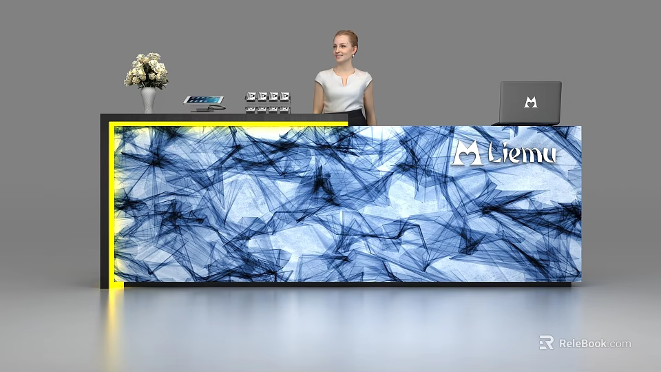 Modern Abstract Blue White Patterned Reception Desk With Yellow Accent Lighting Laptop Vase Liemu Logo 3d model 