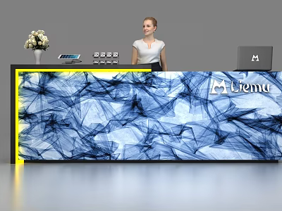 Modern Abstract Blue White Patterned Reception Desk With Yellow Accent Lighting Laptop Vase Liemu Logo 3d model