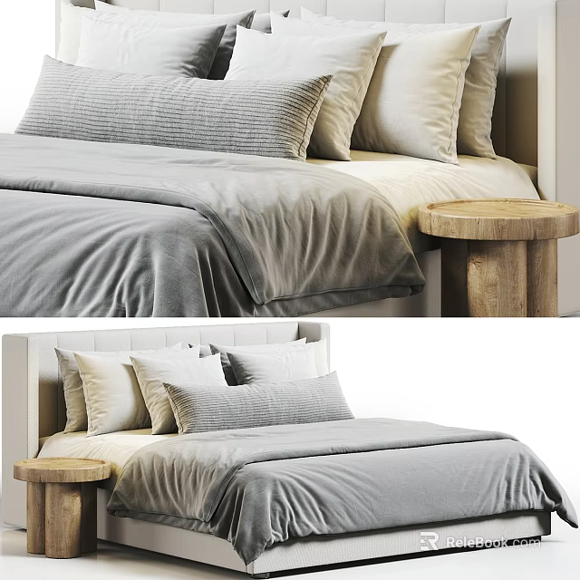 Modern Double Bed With Gray Bed Sheets Pillows And Wooden Nightstand 3d model 