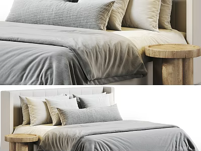 Modern Double Bed With Gray Bed Sheets Pillows And Wooden Nightstand 3d model
