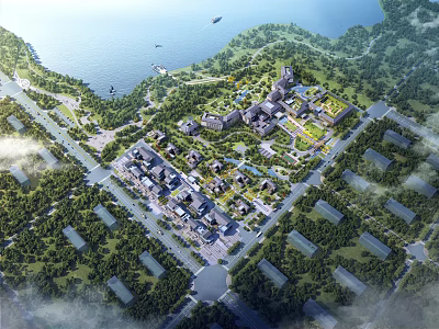 Aerial Planning Of Urban Area With Buildings Waterfront And Greenery 3d model