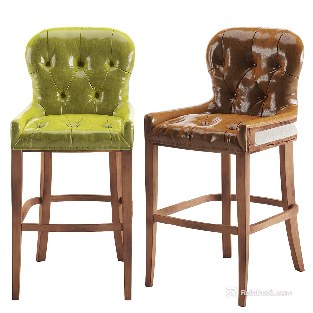 Green And Brown Upholstered Bar Stools With Tufted Backs And Wooden Legs 3d model 