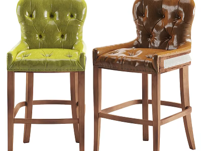 Green And Brown Upholstered Bar Stools With Tufted Backs And Wooden Legs 3d model