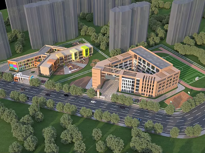 Modern School Building Complex With Playground Greenery And Surrounding High Rise Buildings 3d model