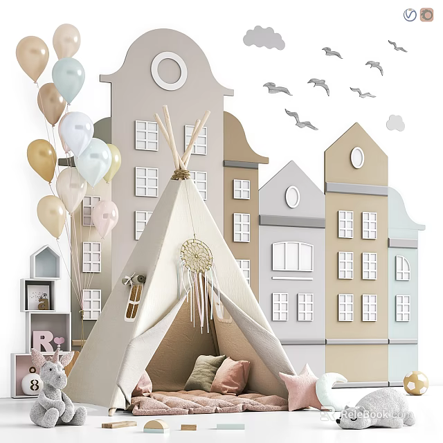 Adorable Kids Tepee Tent With Dreamcatcher Fringes And Balloons Near Toy Houses 3d model 