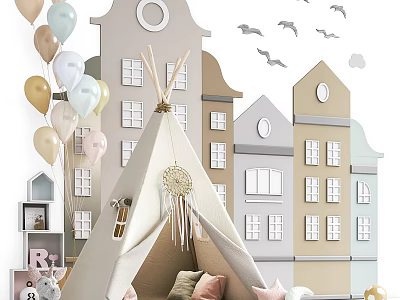 Adorable Kids Tepee Tent With Dreamcatcher Fringes And Balloons Near Toy Houses 3d model