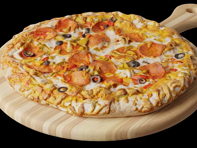 Delicious Pepperoni Pizza With Olives And Cheese On Wooden Serving Board 3d model