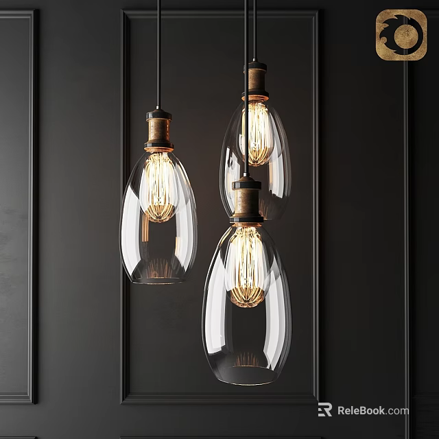 Vintage Glass Pendant Lights With Filament Bulbs Metallic Bases On Dark Vertical Panel Wall 3d model 
