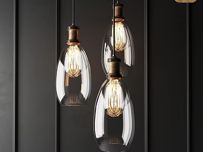 Vintage Glass Pendant Lights With Filament Bulbs Metallic Bases On Dark Vertical Panel Wall 3d model