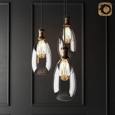 Vintage Glass Pendant Lights With Filament Bulbs Metallic Bases On Dark Vertical Panel Wall 3d model